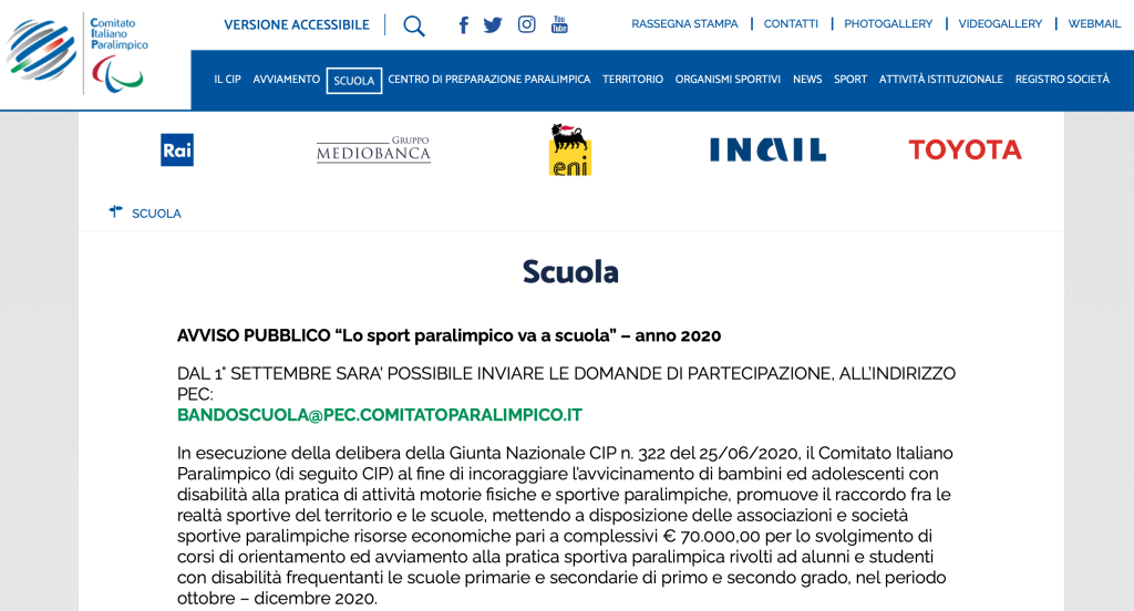 Comunicazione Organismi sportivi paralimpici su iniziative Scuola CIP “Avviso pubblico – Lo Sport Paralimpico va a Scuola” e “Progetto Nazionale per lo sport paralimpico a scuola”